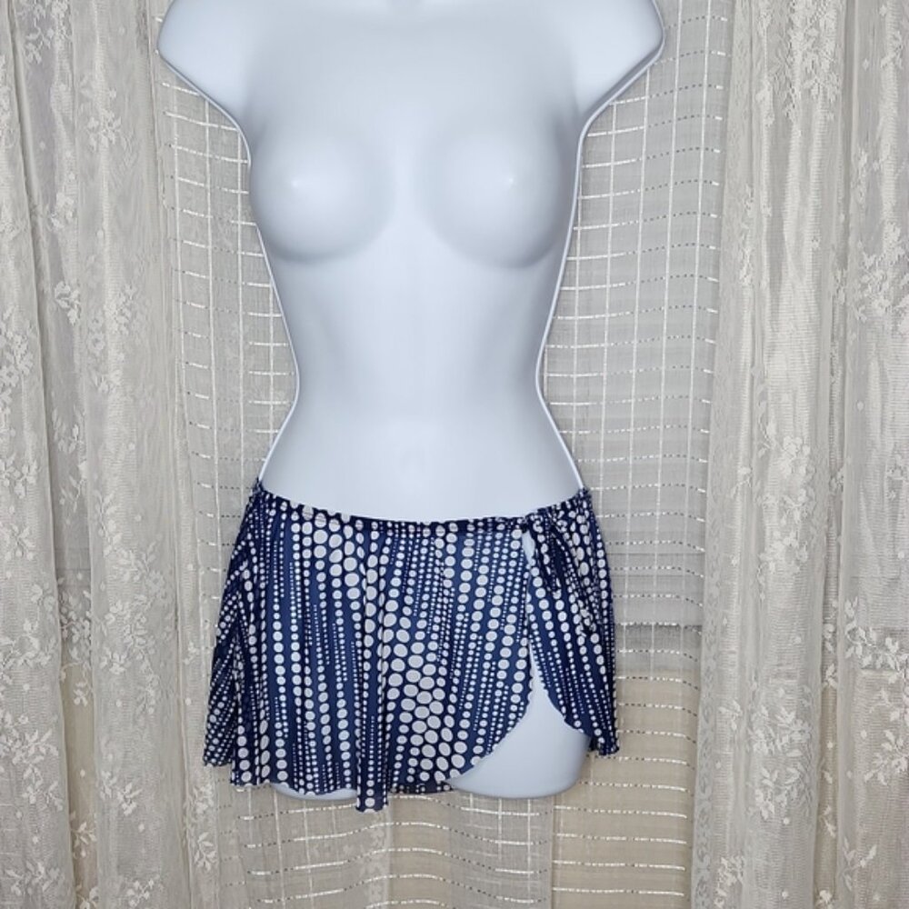 Blue and White Polka Dot Mesh Swim Suit Cover-Up Sarong Adjustable Tie OSFM